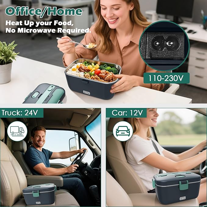 COZYEXPERT Electric-Lunch-Box-Heated-Food-Warmer 100W Heating Lunchbox for Adults 1.8L Portable Food Heater for Work/Car, 12V/24V/110-230V Lonchera Eléctrica Portátil with Fork Spoon (Gray+Green)