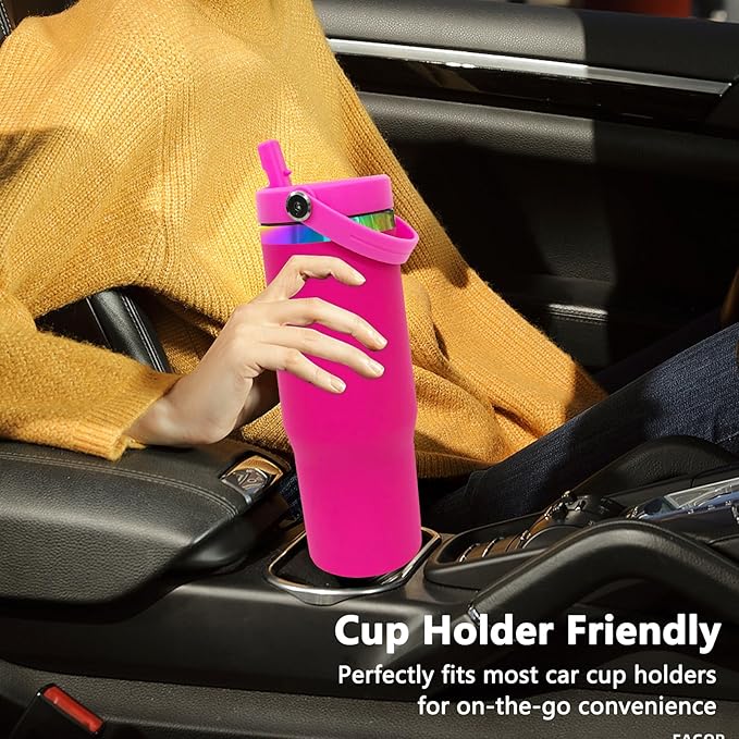 30 oz Tumbler with Handle and Straw, Vacuum Insulated Tumblers with Flip Straw and Top Handle, Leakproof Powder Coated Tumbler, Stainless Steel Travel Mug for Coffee Water (Rosy)