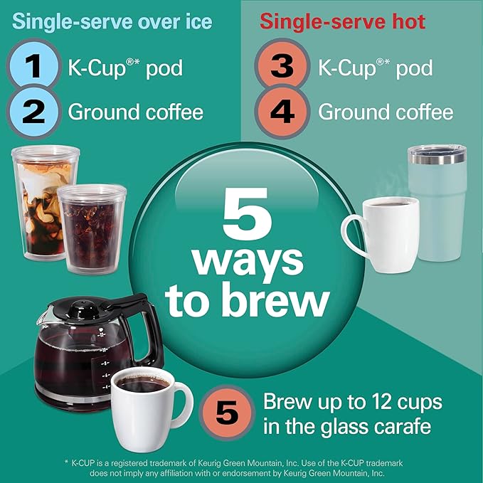 Hamilton Beach FlexBrew Advanced 5-in-1 Programmable 12 Cup Drip and Single Serve Hot & Iced Coffee Maker with Movable 60 oz. Water Reservoir, Fast Brewing, Black R49965 (Renewed)