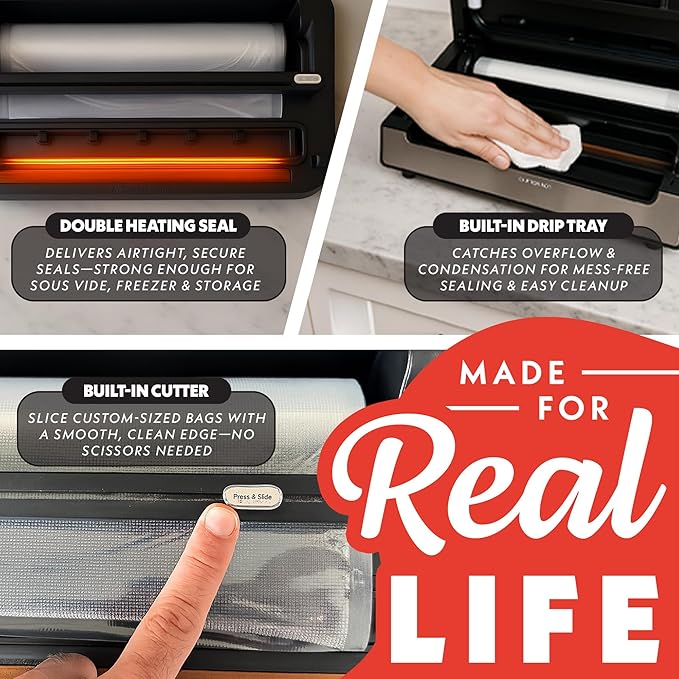 Gourmia Vacuum Sealer – Food Preservation System with Marinate Mode and Vacuum Hose, Pulse Control, LED Display, Built-In Cutter, Gentle & Normal Vacuum Options, Stainless Steel