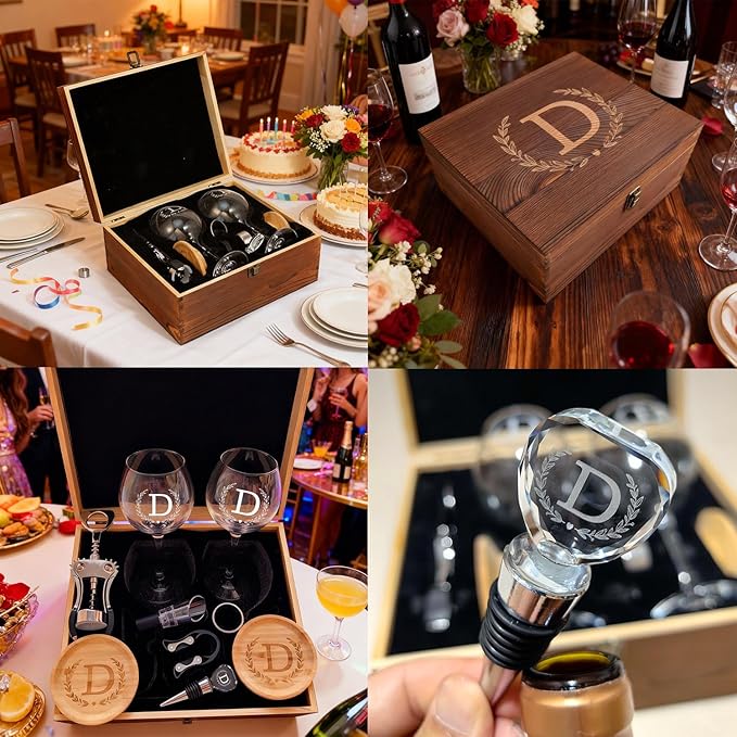 GZLDGIFTS Personalized Initial Wine Glasses Box Gift Set For Women Mom Engraved Birthday Monogrammed Wooden Christmas Gifts Wedding Anniversary Wine Couples Stopper Opener Initial Letterr (V Set)