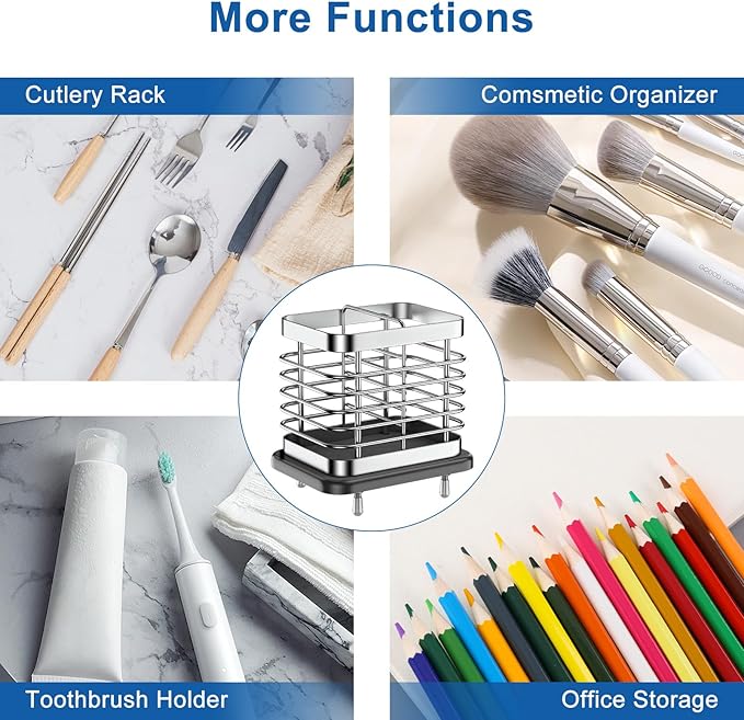2 Slots Utensil Holder for Kitchen Counter, Small Stainless Steel Cutlery Holder Organizer with Drying Diatomaceous Earth Base, Utensil Drying Rack Spoon Fork Organizer Crock Storage, Sliver