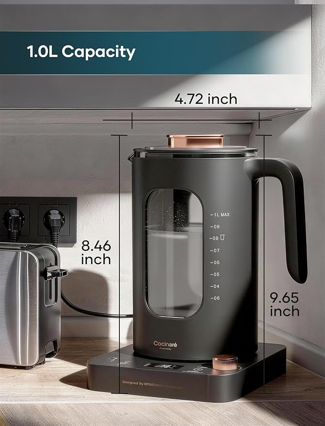 INTASTING Electric Tea Kettle, Electric Kettle with Tea Infuser, ±1℉ Knob Temperature Control, BPA-Free Glass, 1200W Fast Heating, Easy to Clean, 1 Liter (Dark Gray)