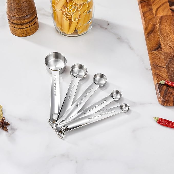KEAWELL Premium 5-Piece 18/10 Stainless Steel Measuring Spoons Set – Durable, Stackable, Dishwasher Safe – Nesting Design for Baking & Cooking (Silver, 5PC Measuring Spoons)