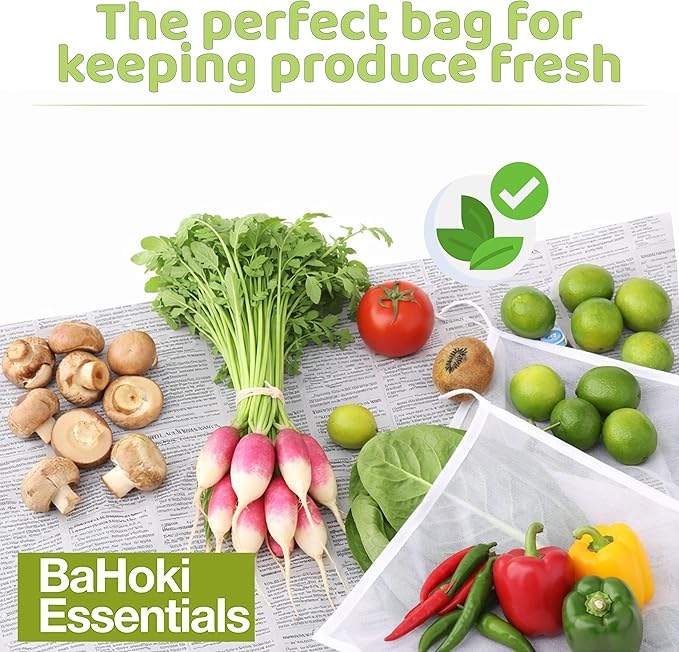 BaHoki Essentials Lightweight Mesh Produce Bags - Reusable, Washable, and Breathable - for Grocery, Fruits, Vegetables, and Home Storage - 5 Pack