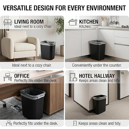 12-Pack Small Trash Can Wastebasket, 3.25 Gallon Slim Plastic Garbage Container, Shatter-Resistant Waste Bin for Office, Bathroom, Bedroom, Kitchen, Dorm Rooms and Classrooms, Black