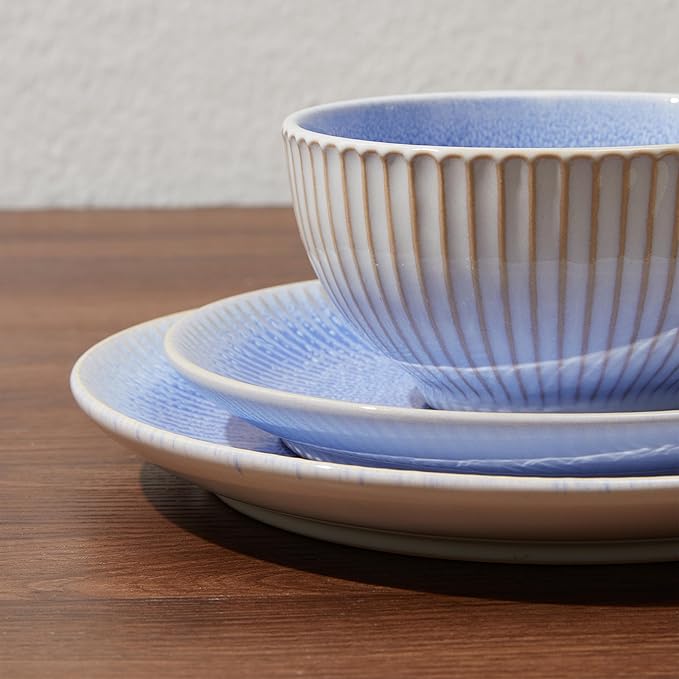 Pokini Ceramic Dinnerware Sets, Handmade Reactive Glaze Plates and Bowls Sets, Highly Chip and Crack Resistant Dish Set, Distinctive Granulated Surface Dishwasher & Microwave Safe Service for 4