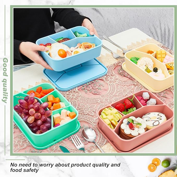 Ziliny 4 Pcs Silicone Bento Box Reusable Lunch Container Smooth Leak Proof Lunch Box Rectangle Bento Boxes for Adult Work Travel Food Meal Compartment Storage, 4 Colors (Bright Colors)