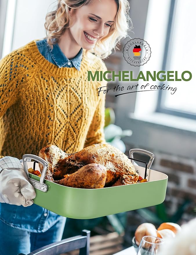 MICHELANGELO Nonstick Ceramic Roasting Pan with Rack, Turkey Roasting Pan with Ceramic Coating, Turkey Roaster Pan with Stainless Steel Rack, 15 Inch x 13 Inch - Green