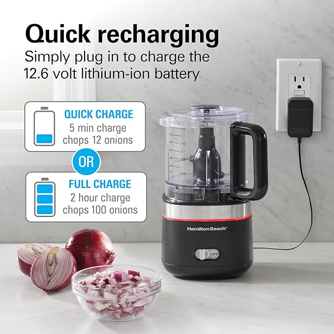 Hamilton Beach Powerful Cordless Mini Food Processor and Vegetable Chopper, 4 Cup Capacity, Fast Recharging, Includes Power Adapter, Chop, Puree, Emulsify, Grind, Dishwasher Safe Bowl, Black (72880)