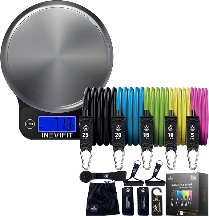 INEVIFIT Strength & Nutrition Bundle, Digital Kitchen Scale & 150 LBS Resistance Band Set for Home Workouts & Meal Prep