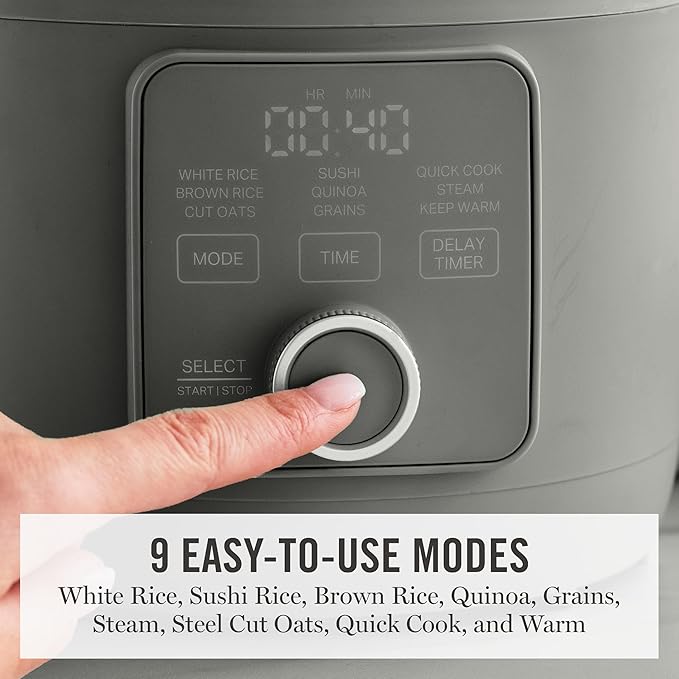 Martha Stewart Rice Cooker, 4 Cup (Uncooked) / 8 Cup (Cooked), Ceramic Non-Stick Removable Pot, Keep Warm, Measure Markings, Steam Basket, Brown & Sushi Rice, Quick Cook, Quinoa, Grains, Oats, Caviar Gray