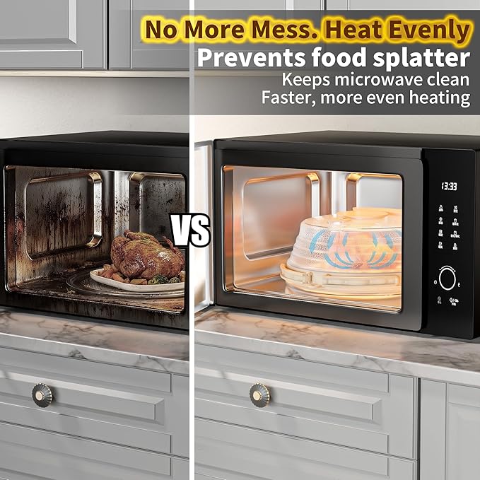10 inch Microwave Splatter Cover for Food with Water Steamer, Collapsible Plastic & Silicone Microwave Plate Cover with Handle and Anti-Scald Base Plate, Kitchen Cooking Guard, Beige