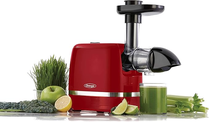 Omega H3000RED Cold Press 365 Juicer Slow Masticating Extractor Creates Delicious Fruit Vegetable and Leafy Green High Juice Yield and Preserves Nutritional Value, 150-Watt, Red