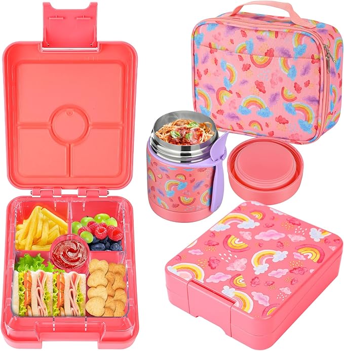 Howeemo Rainbow Bento Lunch Box Set, 25.36 oz Capacity, Stainless Steel Insulated Soup Thermo, Leak-proof Bento Box, Microwave and Dishwasher Safe