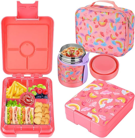 Howeemo Rainbow Bento Lunch Box Set, 25.36 oz Capacity, Stainless Steel Insulated Soup Thermo, Leak-proof Bento Box, Microwave and Dishwasher Safe