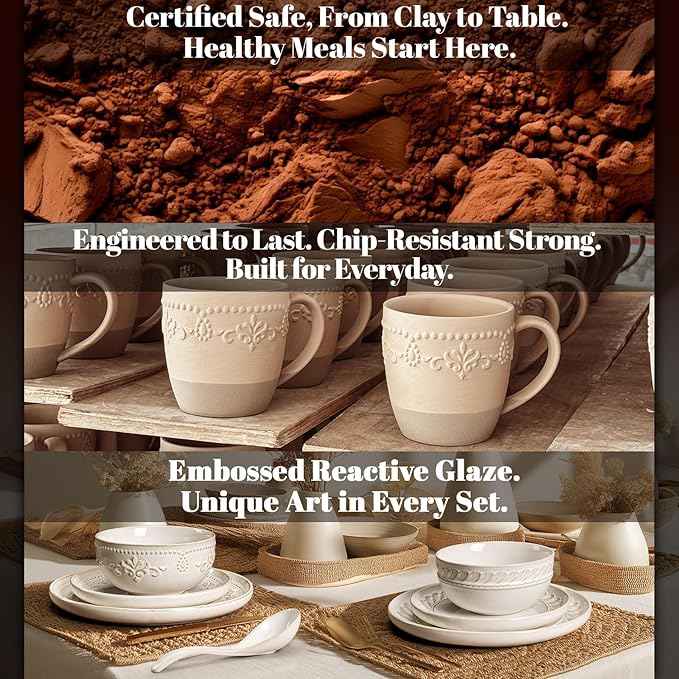 Artena Plates And Bowls Sets, 16 Pieces Dinnerware Sets, Dish Set For 4, Ceramic Kitchen Bowl And Plate Set, Embossed White Dishware Sets, Dishwasher & Microwave Safe (Willow Leaf)