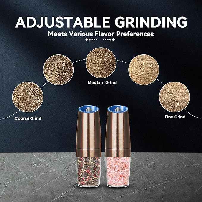 Gravity Electric Salt and Pepper Grinder set of 2, Automatic Salt And Pepper Grinder Set, Adjustable Roughness, Battery Powered, LED Light, 2 Pack, (Copper)
