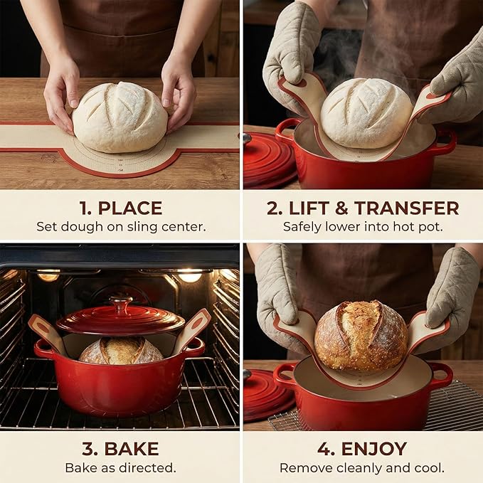 Silicone Bread Sling for Dutch Oven, 2-Pack Non-Stick Reusable Baking Mats with Long Handles, Easy to Clean, Ideal for Sourdough Bread Transfer & Baking
