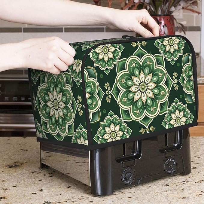 Green Mandala Ethnic Toaster Cover 2 Slice, Cute Country Bread Machine Cover, Washable Toaster Kitchen Small Appliance Cover Stain Resistant,with Top Handle