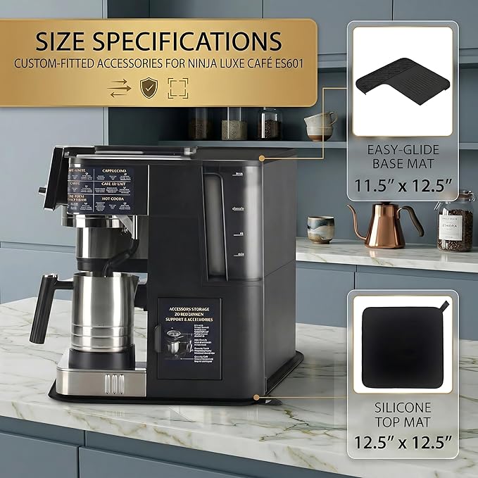 Sliding Mat & Top Mat Combo Set for Ninja Luxe Café ES601ES701 Espresso Machine, 2 in 1 Anti Slip Rubber Base & Food Grade Silicone Top, Protects Countertops from Scratches, Heat, and Spills