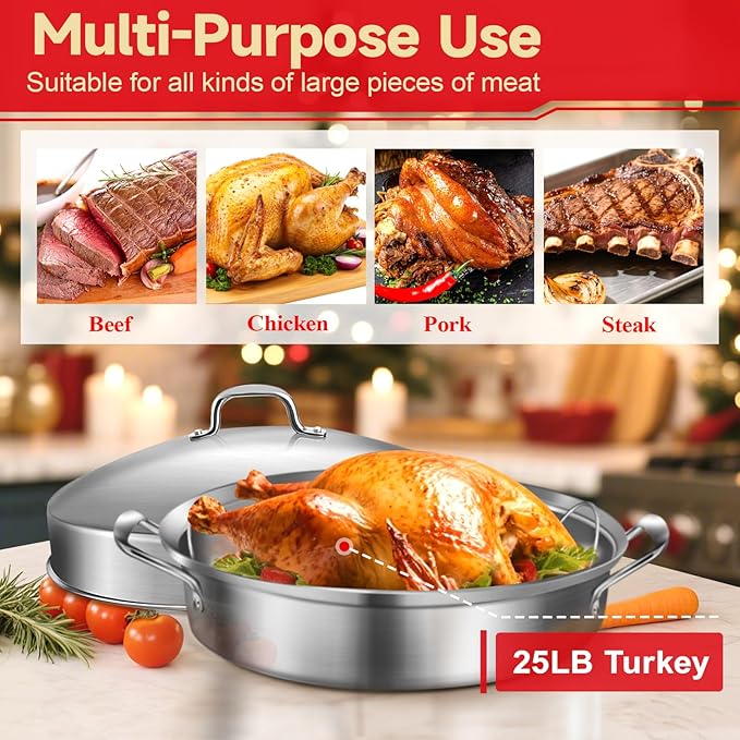GRILL BUMP Roasting Pan, 21x13x11 Inch, Silver, Rectangular, Stainless Steel, 25LB Capacity, Turkey & Chicken Roaster with Rack and Lid