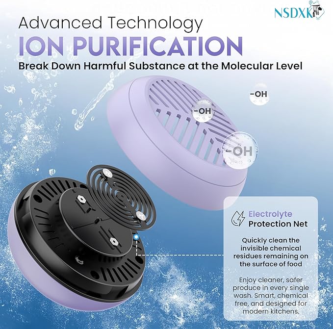 Fruit and Vegetable Washing Machine, Fruit Vegetable Cleaner Device, Portable USB Wireless Veggie Wash with Purification Technology, for Washing Fruits, Vegetables, Rice, Meat, Purple