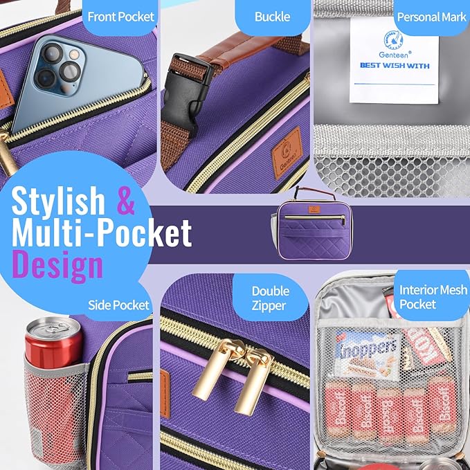 Genteen Lunch Box for Women Adults Girls - Insulated Small LunchBox Reusable, Zip Closure & Buckle Handle, Portable Cooler for Work, School, Travel (Purple)