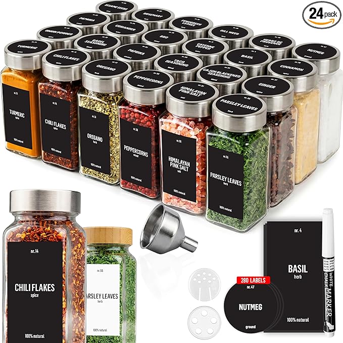 Deco haus Glass Spice Jars with Label 24 x 4oz [LABELS incl] Spice Containers with 280 Labels, Shaker Lids, Funnel & Chalk Marker - Empty Herb Seasoning Containers, Small Seasoning Bottles for Herb
