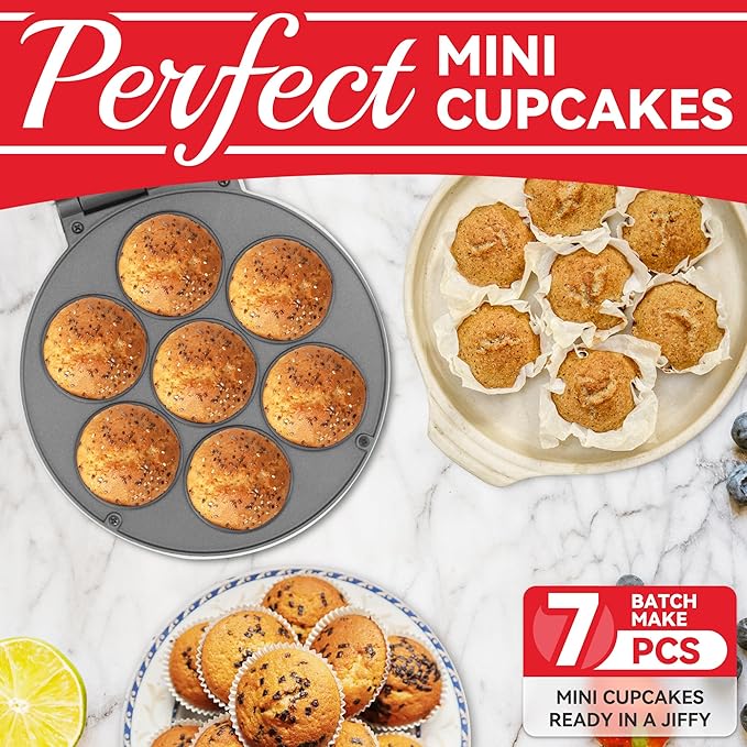 SugarWhisk Mini Cupcake Maker Machine, Make 7 X 2.2 Inch Cupcakes Baking for Kids, Muffin Maker Machine, Baking Gadgets, Housewares Breakfast Maker, Non-stick, White