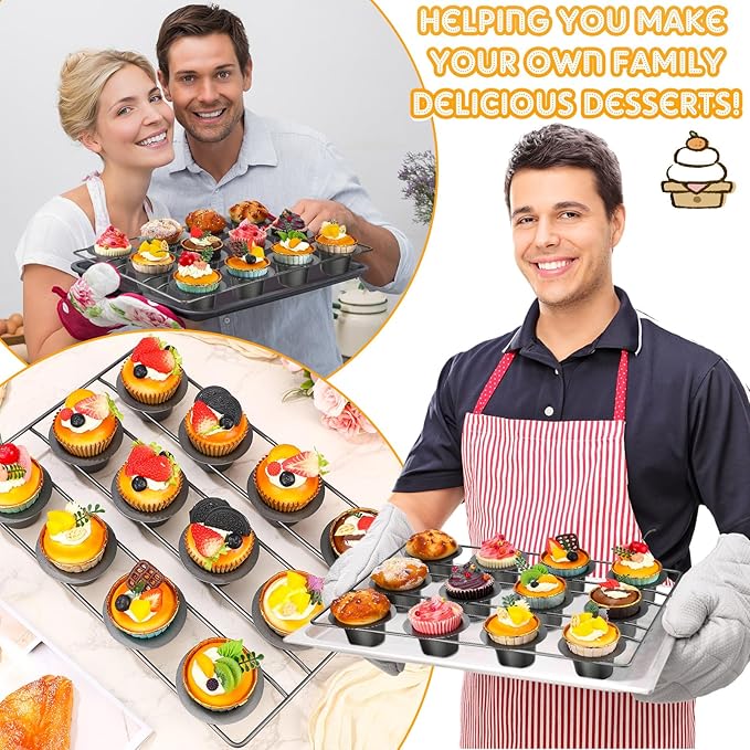 Shellwei 2 Pcs 12 Cups Non Stick Popover Pan Muffin Pan Mini Cupcake Pan for Oven Baking, Carbon Steel(Gray)