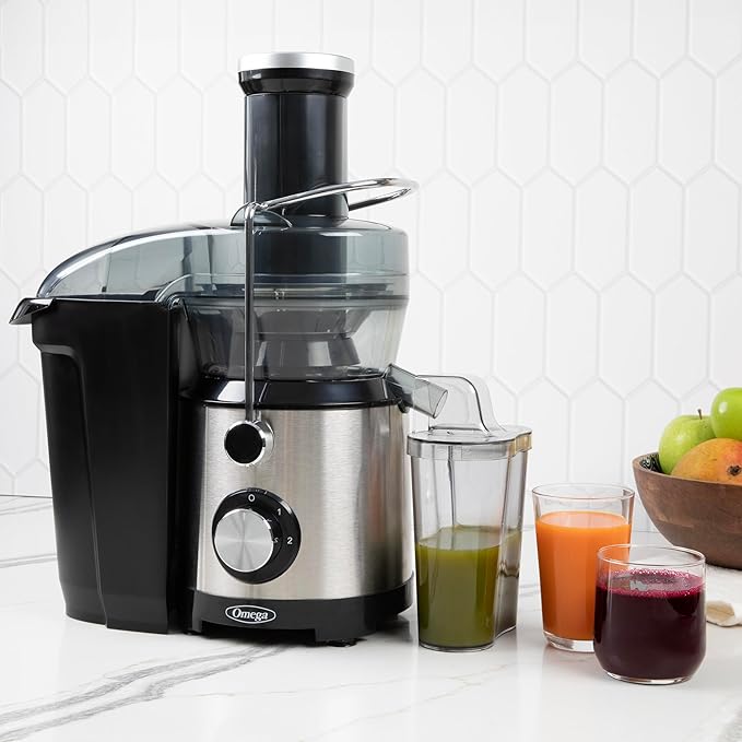 Omega Centrifugal Juicer with 3-Inch Wide Chute High Speed Extractor For Fruits and Vegetables, Features 2 Speeds Stainless Steel Filter and Large Pulp Container, 1000-Watts, Black