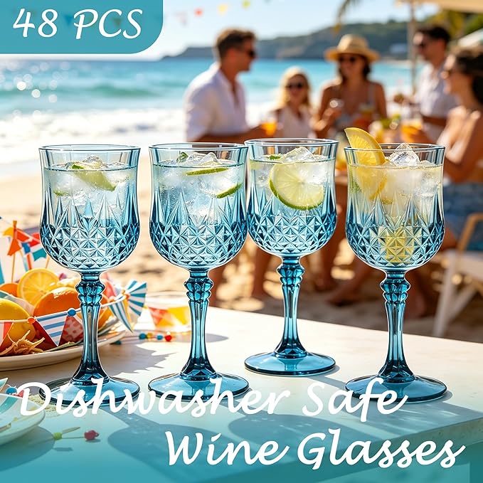 Plastic Wine Glasses, Plastic Goblets Vintage Style Cordial Unbreakable Drinking Glasses, Reusable Drinkware for Wedding Reception, Grand Event Party Supplies (48, Dusty Blue)
