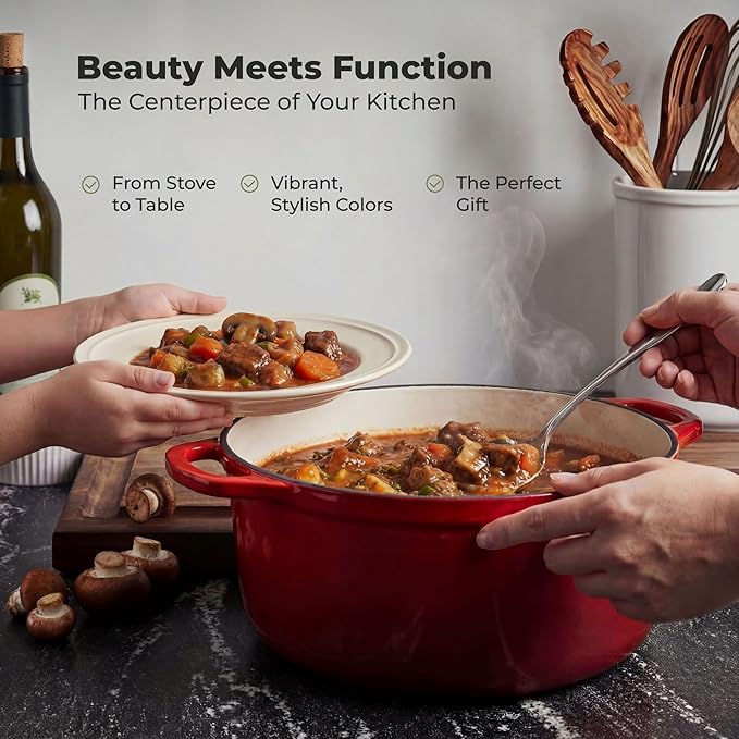 Zulay Kitchen 5 Quart Enameled Cast Iron Dutch Oven Pot with Lid – Premium Durability & Oven Safe up to 500°F – Heavy Duty Cookware Perfect for Bread Baking, Stews, Braising & Roasting – Ablaze Red