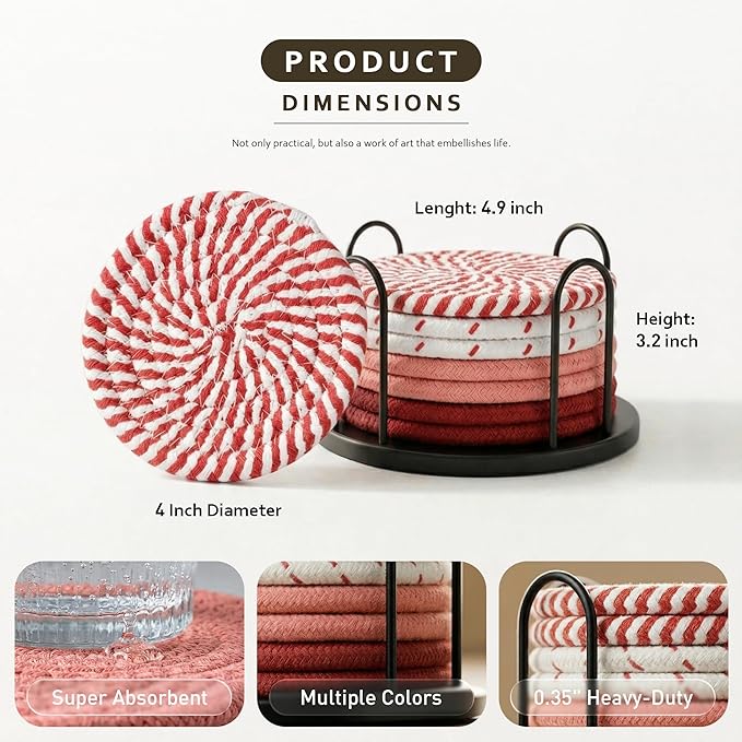 Lazebox Coasters Set of 8 for Drinks, 4 Inch Large Coasters for Coffee Table, Tabletop Protection for Hot & Cold Drinks, Versatile Coasters for Home Decor, Non-Slip & Easy to Clean