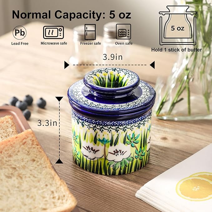 French Butter Crock with Lid for Countertop,Handpainted Floral Butter Keeper with Water Seal Line, Farmhouse Ceramic Butter Container Airtight for Soft Spreadable Butter,Housewarming Gifts