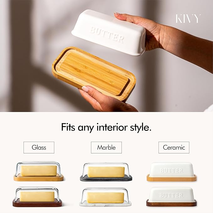 KIVY Butter Dish (Black Marble & Glass) - For countertop and refrigerator door shelf - Marble butter keeper - Stone butter dish with lid - Dishwasher Safe