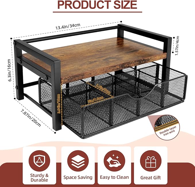 Tea Bag Organizer, Tea Bag Holder Organizer with 8-Compartment Adjustable Drawer, Wood & Metal Tea Box Organizer Chest for Countertop Kitchen, Office