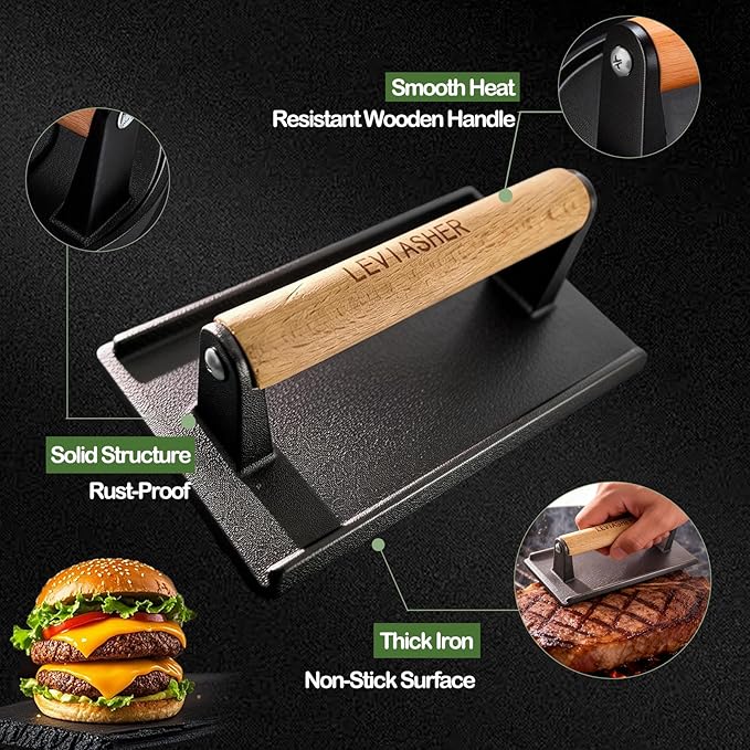 2.2 lb Handheld Heavy Duty Cast Iron Grill Press, 7.8X3.9 inch Rectangle Burger Press with Wood Handle for Blackstone, Griddle, Chef, Camp, Panini, Vegetable, Bacon, Sandwich, BBQ, 2 Pack