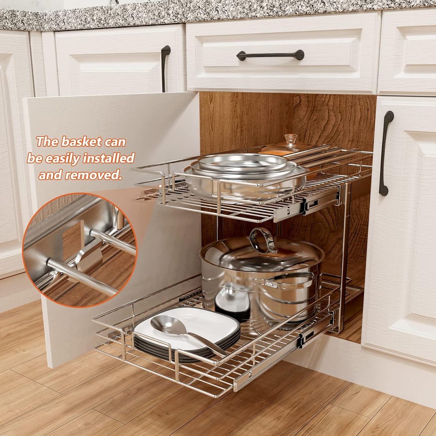 ROOMTEC Individual Pull Out Cabinet Organizer (14" W x 18" D), 2 Tier Spice Rack Organizer for Cabinet, Slide Out Drawer Pantry Shelf Organization and Storage for Kitchen Bathroom