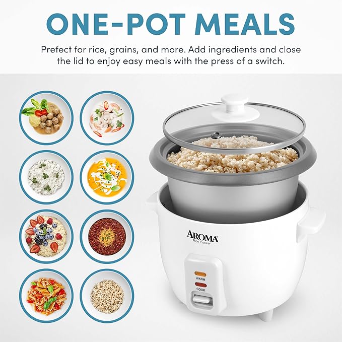 AROMA® Rice Cooker, 3-Cup (Uncooked) / 6-Cup (Cooked), Small Rice Cooker, Oatmeal Cooker, Soup Maker, Auto Keep Warm, 1.5 Qt, White, ARC-363NG