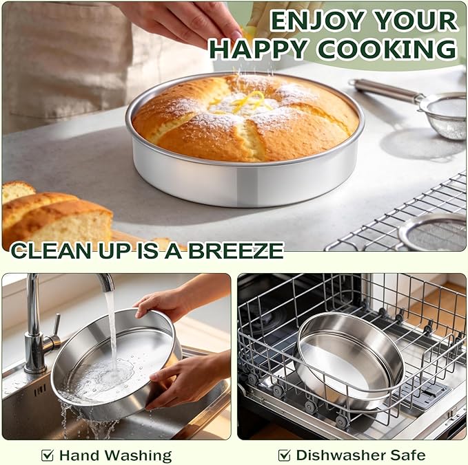 P&P CHEF 9 Inch Cake Pan Set of 3, 3 Pieces Round Layer Cake Baking Pans, Stainless Steel Smash Cake Tin Bakeware for Cooking Steaming, Nontoxic & Sturdy, Oven & Dishwasher Safe