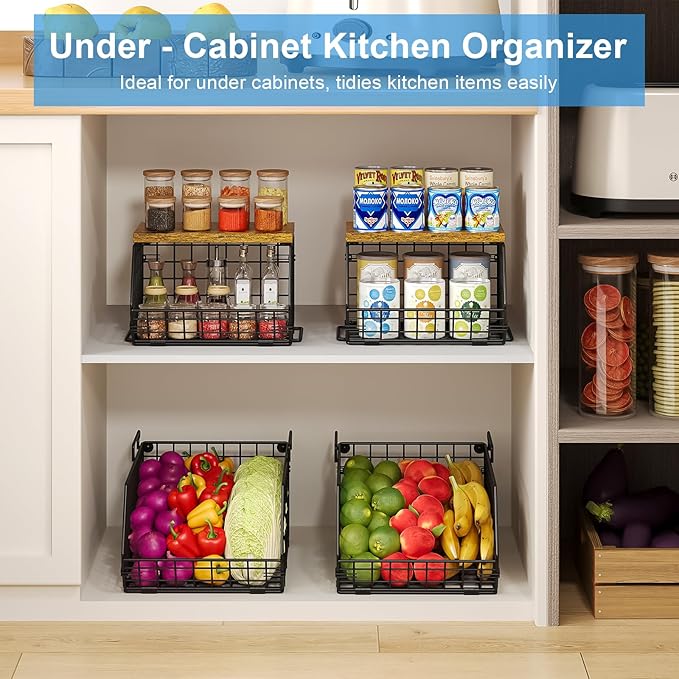 X-cosrack Stackable Wire Baskets for Counter, Fruit and Vegetable Storage, Potato and Onion Storage Bin，Kitchen Pantry Organizer - Wall Basket for Produce/Snack/Can, Large with Wood Top, Black