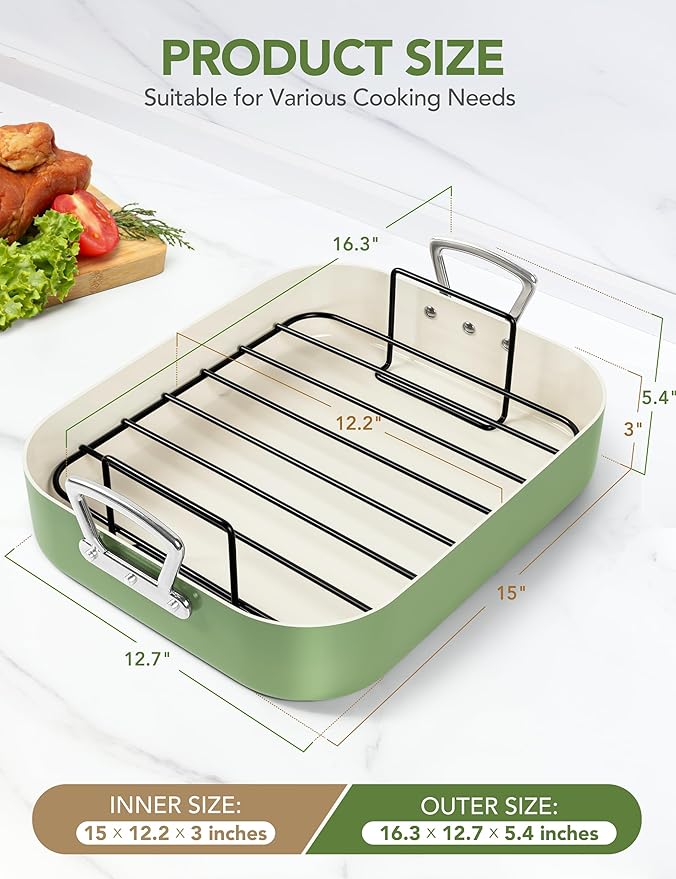 MICHELANGELO Nonstick Ceramic Roasting Pan with Rack, Turkey Roasting Pan with Ceramic Coating, Turkey Roaster Pan with Stainless Steel Rack, 15 Inch x 13 Inch - Green