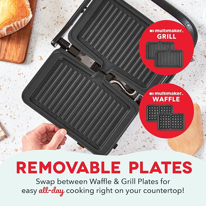 Dash MultiMaker Flex Press Grill System, Grill and Waffle - Nonstick Removable Plates - indoor Countertop Electric Grill for Sandwiches, Burgers, and Breakfast - Graphite