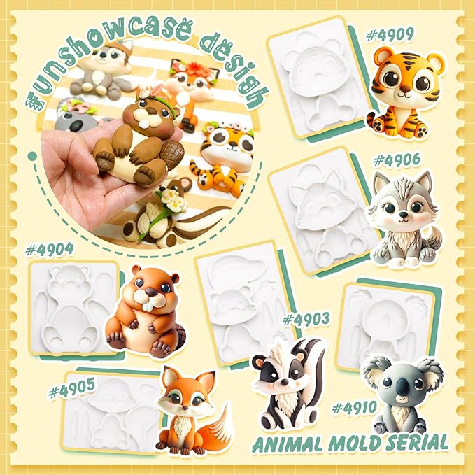 Fondant Molds Woodland Animal Cake Topper 6-count Kit Fox Wolf Tiger Koala Skunks Beavers