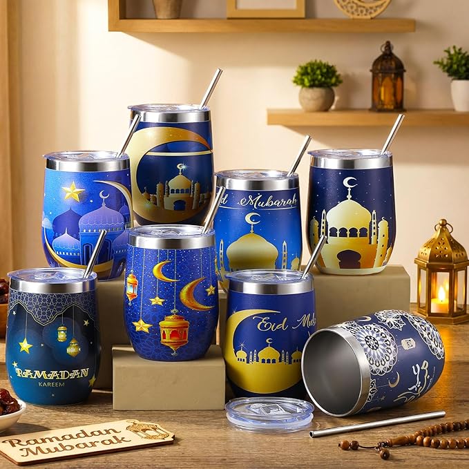 Sliner 8 Pcs Ramadan Mubarak Gifts Islamic Eid Tumbler with Lid 12oz Stainless Steel Muslim Gifts Mug Tumbler Double Insulated Coffee Cup Travel Mug for Muslim Islam Festival Holiday Favors