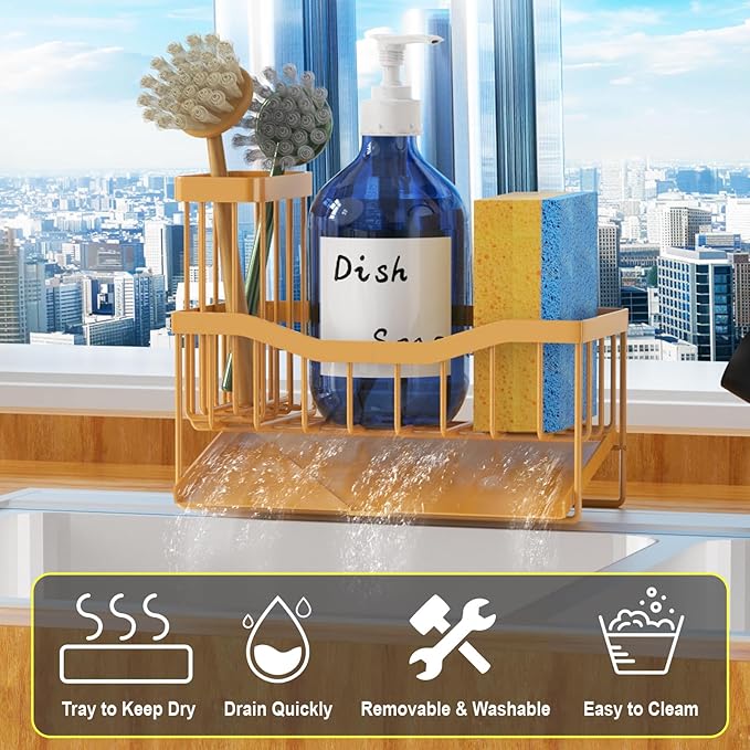 Maifan Sink Caddy Sponge Holder for Kitchen with Brush Holder and Stainless Steel Self Drain Tray, Rustproof Kitchen Sink Organizer for Sponge, Soap Dispenser Storage Accessories