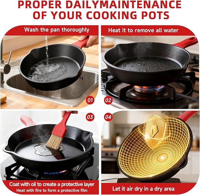 6/8/10 Inch Seasoned Skillet 3-Piece Set, for Frying, Saute, &More, for Oven, Stove, Grill, or Campfire, Black, with Silicone Handle Grip Covers