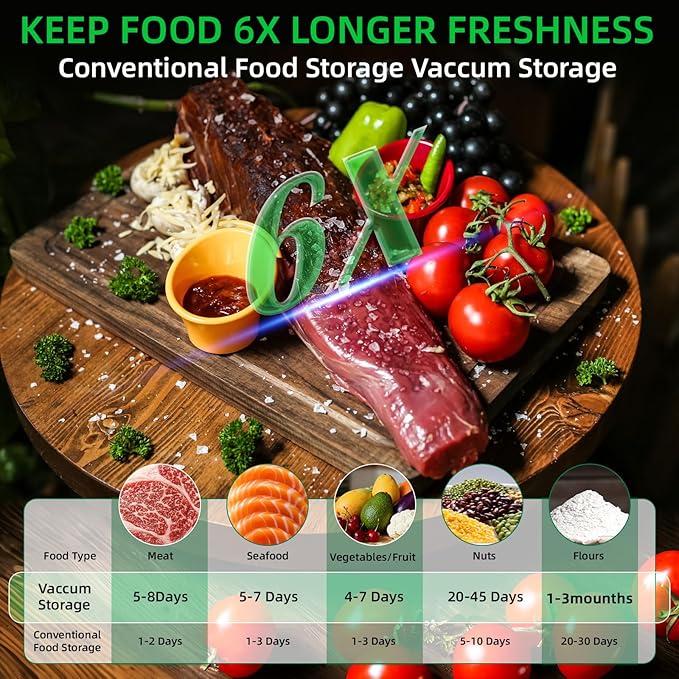 Compact Vacuum Sealer for Food Storage & Preservation,with Reusable Bags, Ultra-long 100-minutes Vacuuming Time,Chef-Preferred 6X Freshness Keep for Home Kitchen RV Travel Seal Meal